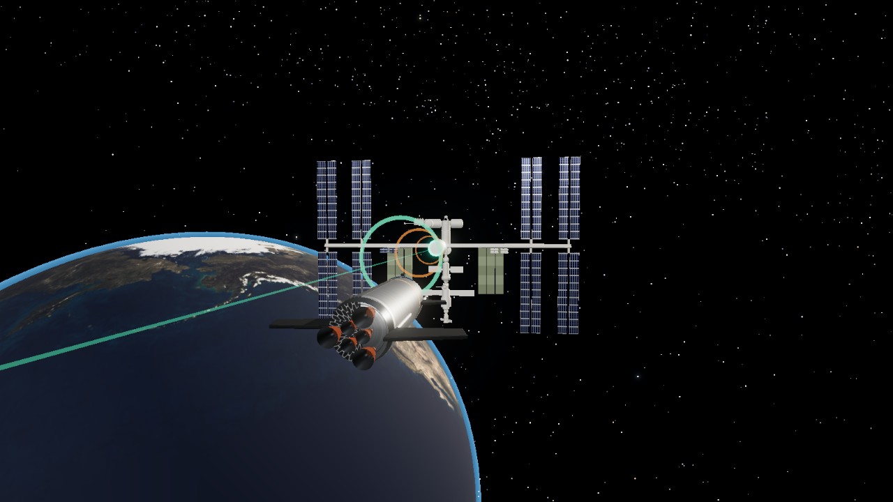 A spacecraft on its docking approach to the International Space Station above Earth